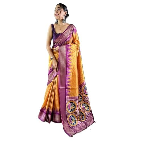 Women’s Banarasi Silk Chex Weave Saree with Contrast Zari Border & Designer Pallu – Elegant Wedding & Festive Wear Indian Sari – Desert Gold & Purple