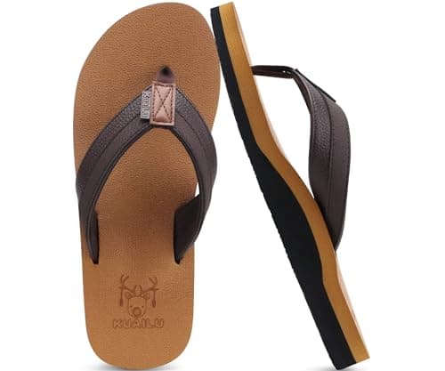 KuaiLu Mens Leather Flip Flops with Comfortable Arch Support Summer Beach