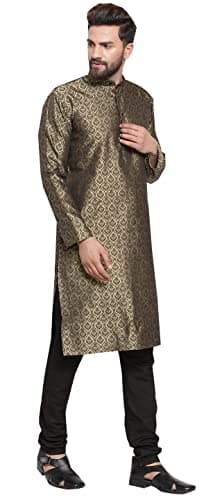 Brocade Poly Kurta Pajama Indian Festival Wedding Party Wear for Men (Golden, XXL)
