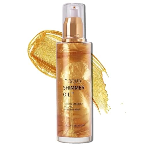 Vienflona Body Shimmer Oil, Glow Glitter Oil, Face Glow Highlighter Illuminator, Shine Glitter Liquid Tanning for Radiant Skin, Body Makeup,Beach Essentials (2# Gold)