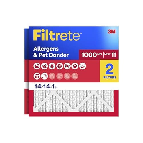 Filtrete 14x14x1 Air Filter, MERV 11, MPR 1000, Allergens & Pet Dander, 3-Month AC and Furnace Filters, Cleaner Air, Reliable Airflow, 2 HVAC Filters (Actual Size 13.68 x 13.68 x 0.81 in)