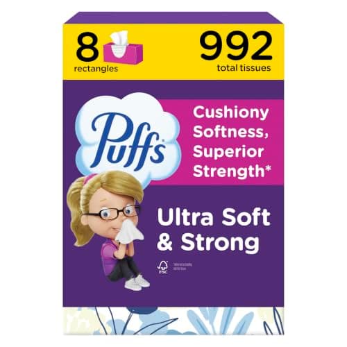 Puffs Facial Tissue Ultra Soft Non-Lotion, 8 Rectangle Boxes, 124 Facial Tissues per Box, Allergies and Colds (Packaging May Vary)