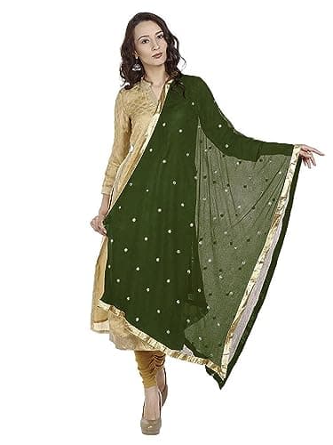 themilestocks Woman's Embroidered Chiffon Dupatta Scarf Shawl Wrap Soft Indian Bridal Wedding - Olive Green
