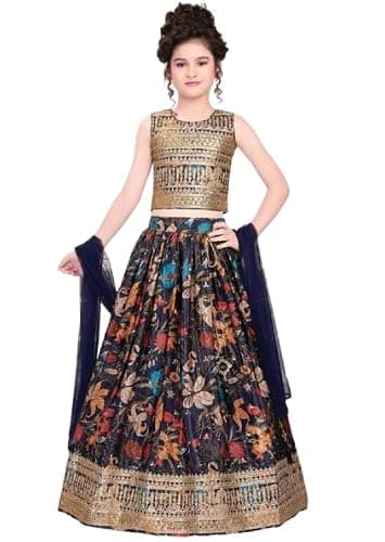 disson girls Lehenga Choli Set, Navy Blue and Gold, Girls Sleeveless Crop Top with Printed Skirt and Dupatta (Navy Blue-Gold, 11 Year)