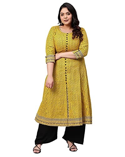 Yash Gallery Women's Plus Size Cotton Checks Print 3/4 Sleeves Anarkali Kurta (Yellow, 4XL)