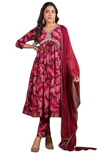 Janasya Indian Women's Chanderi Silk Wine Floral Print Festive Wear Kurta Set for Women