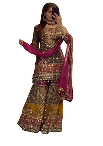 Designer Chinon Silk Mirror Work Sharara/Palazzo Suit Set, perfect for festive gatherings and special occasions. (US, Alpha, Medium, Regular, Regular, Multicolor)
