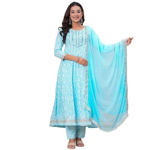 Women’s Cotton Anarkali Kurta Set | Floral Printed Long Kurti with Pant & Dupatta | Ethnic Wear for Festive, Casual & Daily Use (X-Large, Blue)