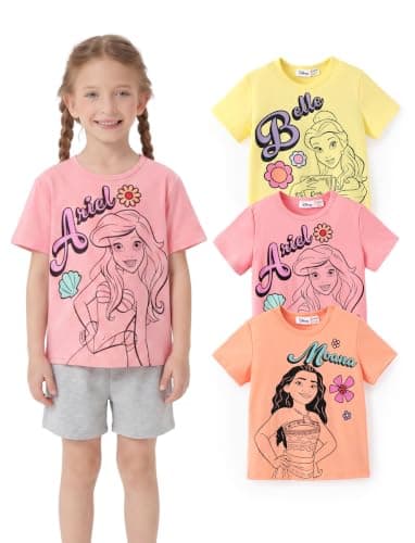 Disney Princess Belle Moana Ariel Girls 3-Pack Graphic T Shirts Summer Short Sleeve Tee Tops for Little Girls Character Printed Crewneck Shirts 6-7 Years