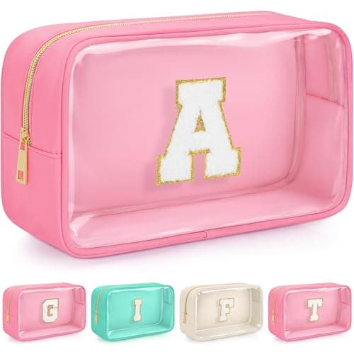 WELIDAY Mothers Day Gifts Initial Clear Makeup Bag, Preppy Chenille Patch Cosmetic Bag, Birthday Gift Travel Toiletry Pouch, Ideal Gift for Teachers & Moms, Women and Girls (Pink, A)