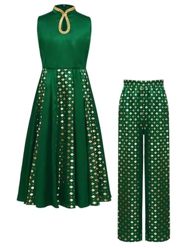 YiZYiF Kids Girls Georgette Anarkali Kurta Sharara Set Indian Traditional Ethnic Party Wear Festive & Wedding Party Dress Dark Green 10 Years