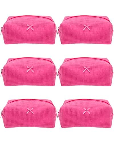 PAZIMIIK 6PCS Cozy Makeup Bag Travel Cosmetic Bag for Women Soft Toiletry Bag Aesthetic Makeup Organizer Portable Large Zipper Pouch for Skincare Beauty Accessories Brushes Waffle Hotpink