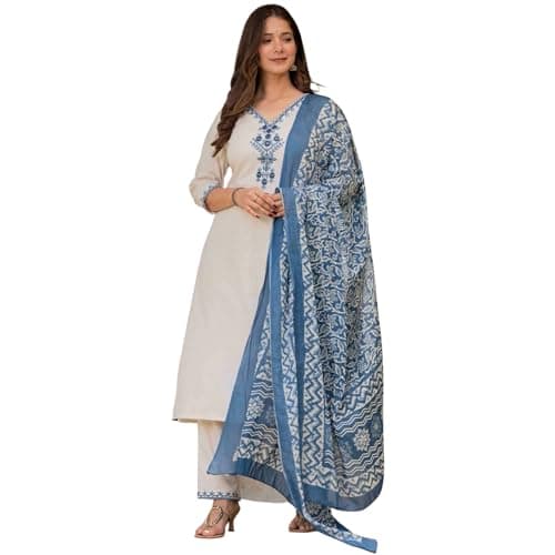 Women’s Cotton Kurta Pant Set with Dupatta, 3 Piece Indian Ethnic Outfit, Straight Kurti Set, Salwar Kameez for Women, Breathable Summer Traditional Dress, Casual Festive Wear, Off White - Medium