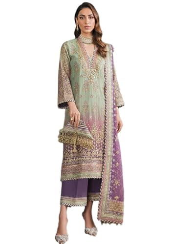 Indya Green Embroidered Faux Blooming Pakistani Suit Set for Festive | 3/4 Sleeve | V-Neck | Indian Ethnic Wear