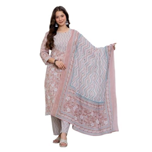 HAIVN Women’s Dusty Pink Floral Print Straight Kurti Pant Dupatta Set | Cotton Ethnic Festive Wear Suit | Medium