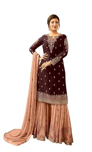 AARYAEXP Indian/Pakistani Eid Ramzan Party Wear Wedding Wear Sharara Style Salwar Suit for Women (US, Numeric, 50, Regular, Regular, BROWN)