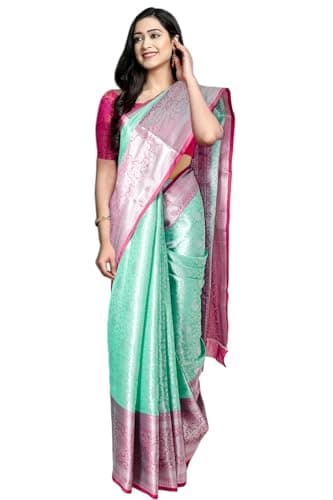 Chandrakala Sarees for Women Cotton Silk Blend Tanchui Jaal Indian Traditional Sari with Unstitched Blousepiece, Green (1421GRE)
