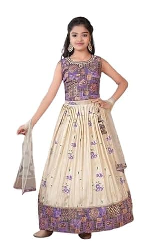 disson Girls Traditional Floral Lehenga Choli Set, Cream and Purple, Embroidered Silk Gown with Dupatta, Party Wear for girls (15 Year)