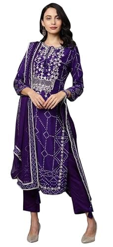 TRAFAART Indian Women's Embroidered Kurti Set Rayon Kurta Pant with Dupatta-Purple