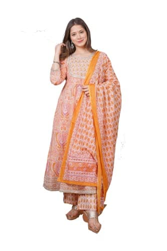 Meera Fab Women's Cotton Printed Anarkali Kurta With Palazzo & Dupatta Set With Handwork, Orange