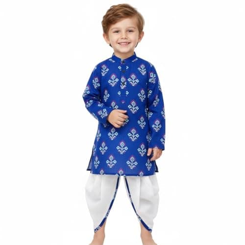 Chandrakala Kids Kurta Dhoti Set for Boys Indian Printed Ethnic Wear,Blue Patola White,3-4T (KK122BLU5)