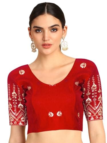 Chandrakala Stretchable Blouses for Women Sarees,Readymade,Red Zari Work, 2XL-3XL (B232RED7)