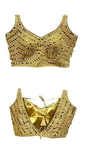 Proper Patola Heavy Silk Thread Zari Real Mirror Back Dori Solid Padded Sleeveless Readymade Saree Blouse for Women - Golden - 42
