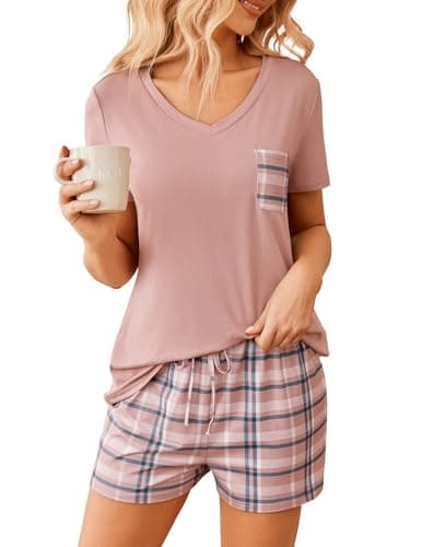 Ekouaer Womens Pajama Sets Short Sleeve Pajamas for Women Sets Soft Lounge Sets Casual V Neck Sleepwear PJS Pink Plaid