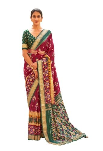 Rang Priya Maroon Pv Silk Saree Patola With Unstitched Blouse Ruby Red