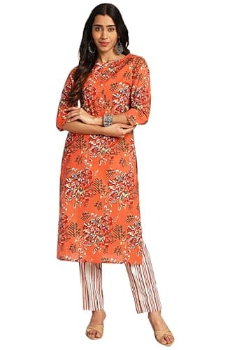 Janasya Indian Women's Cotton Rust Floral Print Casual Wear Kurta Set for Women