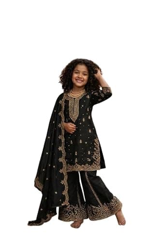 QLUVA Girls Indian Ethnic Wear Salwar Kameez For Kids|Girls Punjabi Suit|Kids Kurta Sharara Set For Girls| (Black, 14-15 Years)