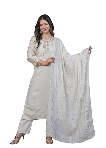 FOXDX Women's Silk Blend Embroidered Straight Kurta Pant Set with Chanderi Dupatta Set (White, XL)