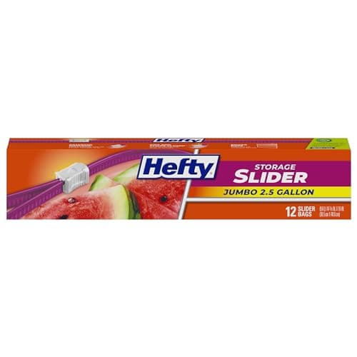 Hefty Slider Jumbo Storage Bags, 12 Count, 2.5 Gallon Extra Large Storage Bags for Bulk Leftovers, Travel Clothes, Shoes, Office Supplies, and More, Writable Label, Secure Zip and Click Closure