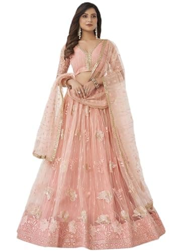 Indya Women's Peach Net Lehenga Set, Embroidered Half Sleeve V-Neck Choli with Dupatta