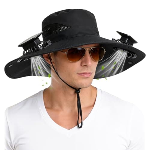 Solar Panel Powered Fan Built in Wide Brim Outdoor Fishing Hat USB Solar Charging,2-in-1 UPF 50+ Wide Brim Sun Hat,for Camping Hiking Beach Summer Safari Black