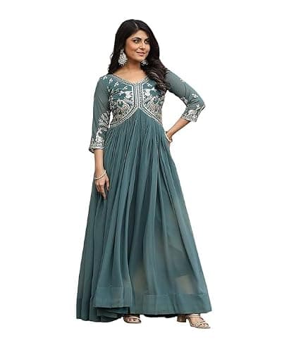 FOXDX Georgette Embroidered Anarkali Gown for Women | Wedding | Festival | (US, Alpha, XX-Large, Regular, Regular, Rama)