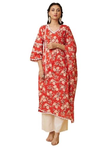Tissu Women's Orange Floral Printed Pure Cotton Lace Work Kurta & Palazzo with Dupatta (Tis-694_Orange_S)