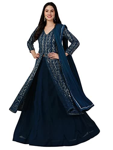 TRENDMALLS Women's Georgette Embroidery Salwar Suit Set Kurta Lehenga with Dupatta (G114-Morpeach-S)