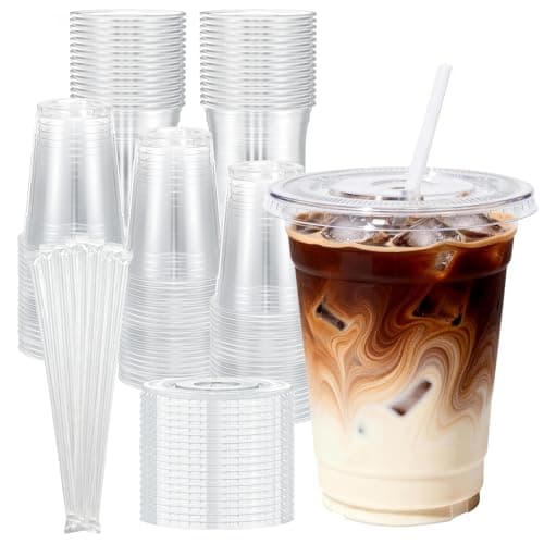 SHUASHUAM Plastic Cups with Lids and Straws:𝟏𝟎𝟎 𝐏𝐚𝐜𝐤 𝟏𝟔 𝐨𝐳 Clear Disposable iced coffee cups with lids,BPA-Free Break Resistant & Heavy Duty for Smoothies, Juice, Soda & Party To Go