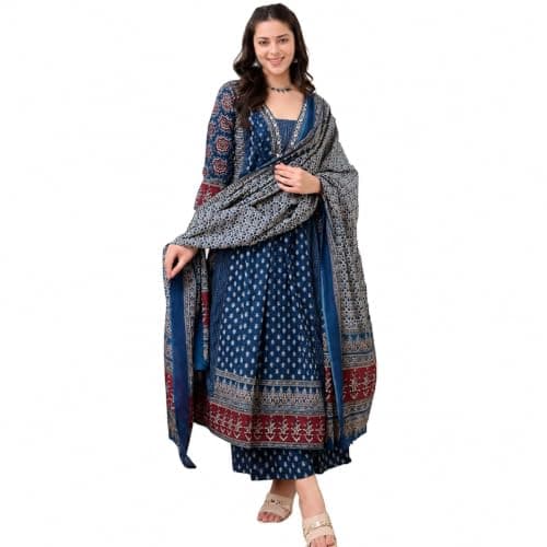 SANJHEYA- CRAFTED TO BELONG Anarkali Kurta Set for Women Cotton Printed Anarkali Kurti Pant Dupatta Set 3/4 Sleeve Maroon Festive Wear (Blue, Medium