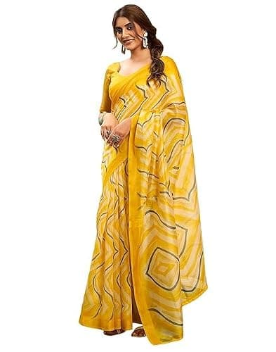 HAZDEAL Women's Tassel & Printed Cotton Saree with Unstitched Blouse Piece for All occasion and Festival (Yellow)