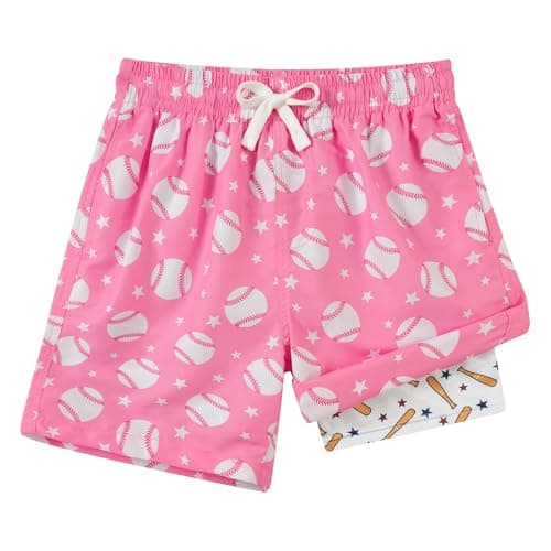 Cozople Teen Boys Swim Trunks Size 18 Elastic Waist Swim Shorts Bathing Suit Summer UPF Quick Dry Baseball Graphic Swimming Shorts with Compression Liner Boardshorts for Teens