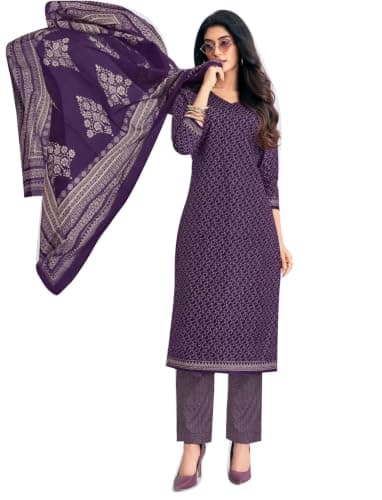 ladyline Womens 100% Cotton Jaipuri Printed Salwar Kameez Suit – Ethnic Kurta, Pants & Mal Dupatta Set | Indian Punjabi Dress (CPSK DTCG) (46/ Purple)