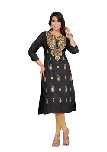 JG JAI GOVINDAM Indian Hand Embroidered Kurti for Women Chikankari Straight Cotton Long Kurti's Tunic Kurta Dreses for Women (Black Gold-XL)