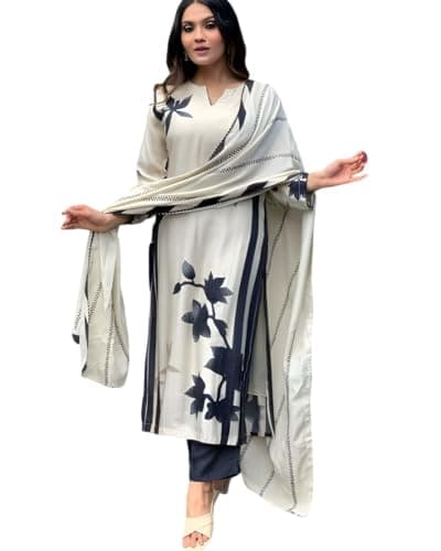 The Red Lion Enterprise Women Anarkali Dress, Alia cut kurti, Salwar suit pant and Dupatta 3pc set for women kurti dress (US, Alpha, XX-Large, Regular, Regular, White Black)