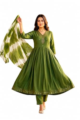 Women’s Anarkali Kurta Set with Dupatta | Embroidered Ethnic Gown Style Kurti with Pant for Festive & Party Wear (US, Alpha, X-Large, Regular, Regular, Green)