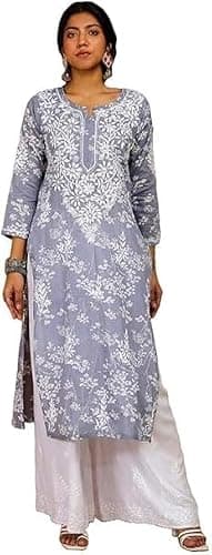 Aashita Creations Women's Embroidered Streight Kurta, Grey, Long Sleeve, Cotton Blend, Ethnic Wear, Only Kurti (US, Alpha, Small, Regular, Regular, Grey)