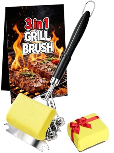 3-in-1 Bristle-Free Grill Brush & Scraper with Safety Sponge, 18" Detachable Long Handle BBQ Cleaner for Heavy Duty Grime, Summer BBQ & Outdoor Party Essential (Black)