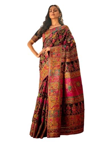Mirraw Women's Black Kashmiri Pashmina Silk Blend Saree | Rich Silk Traditional Saree | Premium Ethnic Wear with Blouse