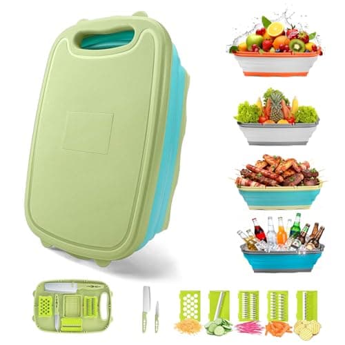 Gintan Camping Cutting Board, 9-in-1 Collapsible Chopping Board with Colander, Kitchen Vegetable Washing Basket (Blue Green) $12.48